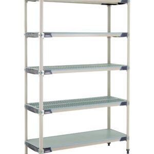 The MetroMax i 5X357HX3 Shelving Unit is a versatile solution featuring five adjustable ventilated plastic shelves, a solid bottom shelf, sturdy metal frames with reinforced corners, and adjustable black feet, measuring 18 x 48 x 74.