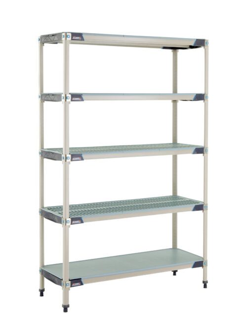 The MetroMax i 5X357HX3 Shelving Unit is a versatile solution featuring five adjustable ventilated plastic shelves, a solid bottom shelf, sturdy metal frames with reinforced corners, and adjustable black feet, measuring 18 x 48 x 74.