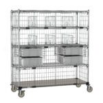 The Metro ECM56XD Super Adjustable Super Erecta Deluxe Par Level Cart features a 24 x 60 stainless steel bottom shelf and a metal wire rack on wheels with multiple upper shelves for efficient organization using plastic bins and dividers.