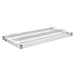 This metal dish rack, measuring 18 x 36, features a grid design with slots for plates and utensil compartments. Its shiny silver finish matches the look of the Super Erecta R1836BR-7 SMT Reel Shelf, and it has elevated corners for elegance.