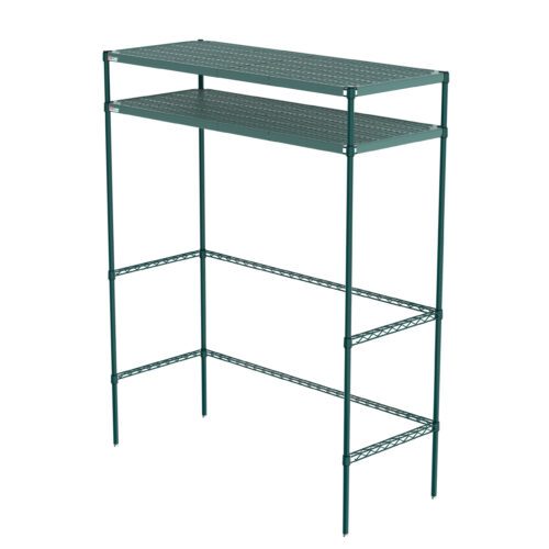 The Metro CR246074PRH2 Super Erecta Pro Overhead Storage 2-Shelf Docking Station (24 x 60 x 74) includes a green metal shelving unit with two perforated shelves, four vertical legs, and supporting wires for enhanced stability, providing an efficient industrial storage solution.