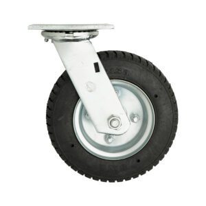 The Metro C8SPN 8 Monoprene Rubber Semi-Pneumatic Swivel C-Plate Caster, ideal for made-to-order truck dollies, features a black rubber tire with textured tread and a durable metallic swivel mounting plate for industrial use.