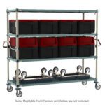 The Metro CR247263-MQC4 MetroMax Q 4-Shelf Industrial Plastic Shelving Mobile Cart, 24 x 72 x 68, includes stainless steel push handles, wheels holding black and red containers, and large trays below. Note: Mightylite Food Carriers and Dollies are not included.