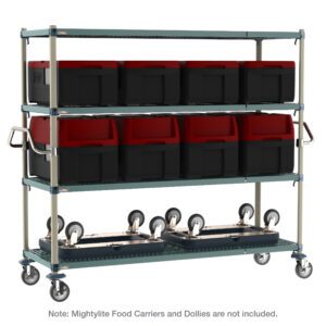 The Metro CR247263-MQC4 MetroMax Q 4-Shelf Industrial Plastic Shelving Mobile Cart, 24 x 72 x 68, includes stainless steel push handles, wheels holding black and red containers, and large trays below. Note: Mightylite Food Carriers and Dollies are not included.