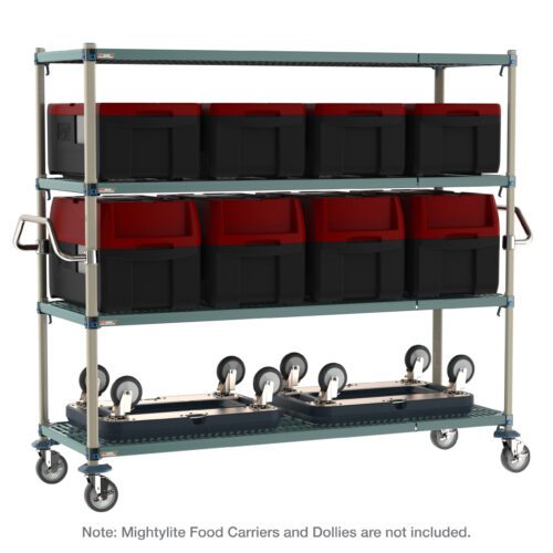 The Metro CR247263-MQC4 MetroMax Q 4-Shelf Industrial Plastic Shelving Mobile Cart, 24 x 72 x 68, includes stainless steel push handles, wheels holding black and red containers, and large trays below. Note: Mightylite Food Carriers and Dollies are not included.