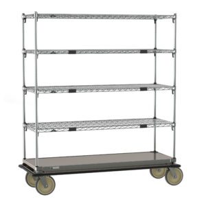 The Metro ECN46CS Super Adjustable Super Erecta transport and exchange cart features five wire mesh shelves on a sturdy frame, with a 21 x 60 galvanized steel bottom shelf and large swivel wheels for easy mobility in industrial or commercial settings.