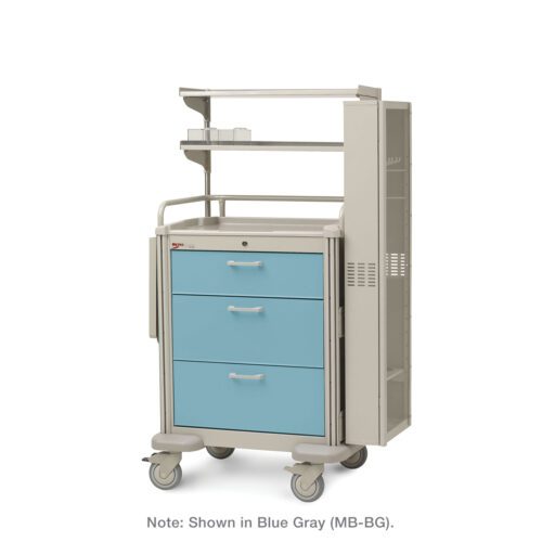 t4izl39qljg9m0xlphd0r49o0n7tlyb7.jpg Introducing the Metro MBP0120ENDO Basix Plus Endoscopic Cart: a versatile medical cart featuring three blue drawers, two upper shelves, and a side compartment. It has four caster wheels and a durable light gray frame in a sleek blue-gray (MB-BG) design.
