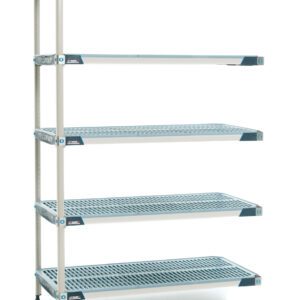 The MetroMax i 5AX317GX3 5-Shelf Plastic Industrial Shelving Add-On Unit measures 18 x 24 x 74, featuring a silver structure with dark blue corner accents and five adjustable perforated shelves. Note: dimensions may slightly vary from those stated.
