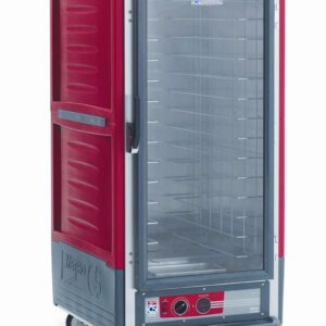 Image of the Metro C537-HLFC-L C5 3/4 height red insulated holding cabinet with a full-length clear door. It has lip load aluminum slides for trays and operates at 120V, 60Hz, and 1440W.