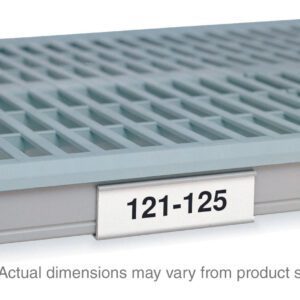 Close-up of a gray slotted shelving unit featuring a white Metro 9989X3 Label Holder for MetroMax i Industrial Plastic Shelving, reading 121-125 at the front. A small note indicates Actual dimensions may vary from product shown.
