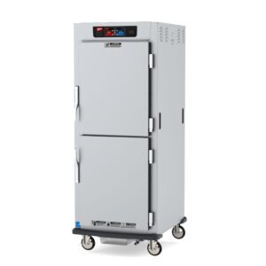 The Metro C599L-SDS-UA C5 9 Series is a full-height, tall gray heated holding and proofing cabinet with Dutch solid doors, top control panel, dual door handles, mobility wheels, universal wire slides, side vents, and visible branding.