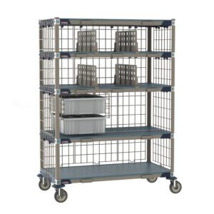 The Metro ECP55DX3 MetroMax i Deluxe Par Level Cart has a 24 x 48 metal storage rack on wheels with five wire grid shelves, featuring bins and trays for organization in a sleek blue and grey design.