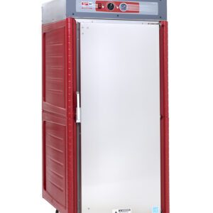 The Metro C549X-ASFS-UA C5 4 Series Insulated Holding Cabinet is a mobile, red and gray food warmer with a full-length solid stainless steel door, visible temperature dials, and universal wire slides. It operates at 220-240V, 50/60Hz, making it ideal for catering or food service settings.