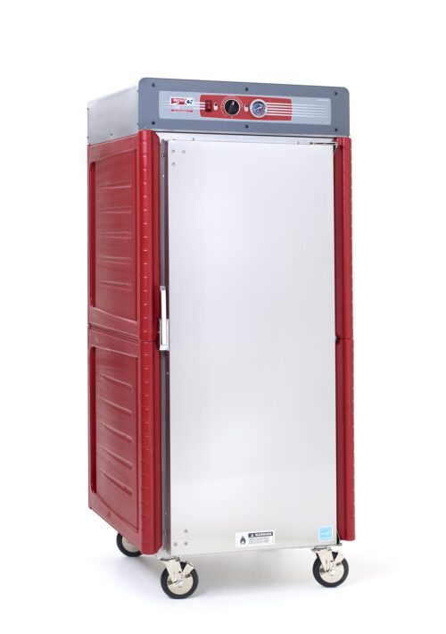 thtb0yh6icc58263o0johe8qwopb4ig9.jpg The Metro C549X-ASFS-UA C5 4 Series Insulated Holding Cabinet is a mobile, red and gray food warmer with a full-length solid stainless steel door, visible temperature dials, and universal wire slides. It operates at 220-240V, 50/60Hz, making it ideal for catering or food service settings.