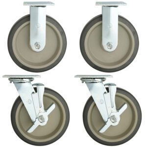 Displayed against a white background are four Metro MBQ-8 caster wheels: the top pair are fixed, while the bottom pair are swivel casters with brakes. Designed to upgrade MBQ banquet cabinets, all wheels feature gray rubber surfaces and durable metal mounts.