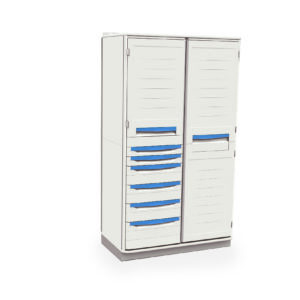 The Metro SXRD72TU3 Starsys Stationary Supply Cabinet boasts a sleek white design with two doors and blue-handled drawers on the left, perfect for organizing tools or office supplies. It stands firmly on a dark-colored base.