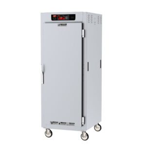A tall, silver Metro C589X-SFS-LPFCA C5 8 Series Insulated Pass-Thru Holding Cabinet features a left-side vertical door handle, digital display, and strategically placed ventilation slits and control buttons above the full-length solid door. The full-height unit stands on wheels for mobility.