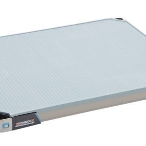 The MetroMax i MX2430F Plastic Industrial Shelf with Solid Mat in 24 x 30 features a rectangular, flat gray-and-black design with blue corner accents and a ridged surface, making it stackable and ideal for efficient storage solutions.