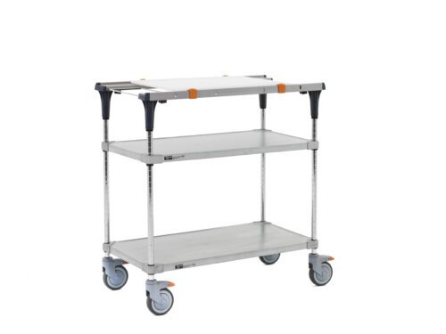 The Metro MS1836-FGFG-PK1 PrepMate MultiStation 36 Prep Station with Accessory Pack 1 features a versatile, durable design with solid galvanized top and bottom shelves and chrome posts, complemented by eye-catching black and orange accents near the top corners.