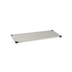 The Metro 2454FS Super Erecta Solid Shelf, measuring 24 x 54 and made of standard stainless steel, features a sturdy rectangular design with a smooth surface and black corner protectors, perfect for storage units or cabinets.