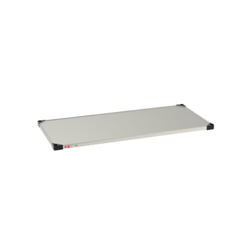 tmnnbaqpcibhrd5z4m1vbs3ijwkuepu4.jpg The Metro 2454FS Super Erecta Solid Shelf, measuring 24 x 54 and made of standard stainless steel, features a sturdy rectangular design with a smooth surface and black corner protectors, perfect for storage units or cabinets.