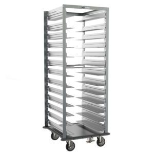 The Metro RD78NA33A71 Adjustable Pan Rack features a 26.375 x 28 x 69.5 metallic frame with swiveling wheels, a gray continuous bumper, and a floor lock. Its open structure, sturdy frame, and handles ensure easy tray storage and maneuverability.