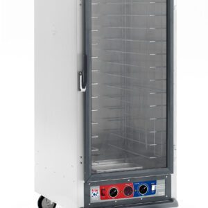The Metro C517-CFC-UA C5 1 Series 3/4 Height Holding/Proofing Cabinet features universal wire slides, a transparent front door, and wheels. It operates at 120V, 60Hz, with a control panel of switches and dials below.