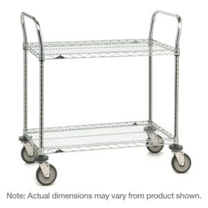 The Metro 2SPN55DC SP Series Utility Cart features two chrome wire shelves, measures 24 x 48 x 39, and includes a double-tiered design with four swivel wheels and dual handles; note that actual dimensions may vary.