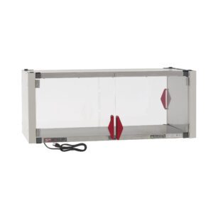 The Metro HS1842-EKIT, a stainless steel heated shelf with transparent sliding doors and red handles, measures 42.7 x 21.7 x 17.4. Its designed for countertop use, operating at 120V and 400W with a black power cord positioned at the bottom left corner.