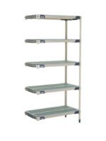 The MetroMax i 5AX337GX3 5-Shelf Plastic Industrial Shelving Add-On Unit features five adjustable shelves in light gray with black corners, measuring 18 x 36 x 74, and a grid pattern supported by sturdy vertical posts.