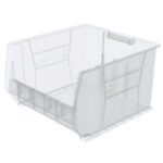 The Metro MB30283CLS Large Stacking Supply Bin, measuring 20 x 18.37 x 12, features an open front for easy access, a clear reinforced structure for durability, and stackable edges for efficient organization.