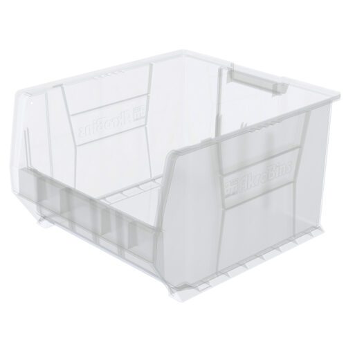 The Metro MB30283CLS Large Stacking Supply Bin, measuring 20 x 18.37 x 12, features an open front for easy access, a clear reinforced structure for durability, and stackable edges for efficient organization.