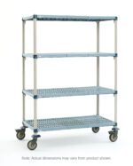 Meet the MetroMax Q Q456EG3 Mobile Cart, boasting four open grid shelves and convenient swivel casters. Constructed with sturdy metal rods, this industrial plastic shelving unit measures 21 x 48 x 68, though dimensions may differ slightly from those depicted.