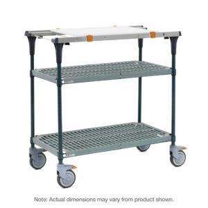 The Metro MS1824-PRPR-PK1 PrepMate MultiStation features Super Erecta Pro top and bottom shelves, gray plastic tiers with a metal frame, Metroseal Green Epoxy posts, and four swiveling wheels for mobility. Note: Actual dimensions may vary from product shown.