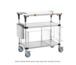 The Metro MS1830-FSFS-PK2 PrepMate MultiStation 30 Prep Station includes a solid stainless steel top and bottom shelves, stainless steel posts, and Accessory Pack 2. The station features a sturdy metal frame with blue and gray caster wheels; dimensions may vary from the product shown.