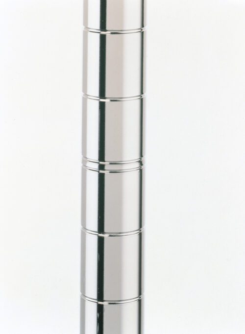A tall stack of shiny, polished stainless steel cylindrical magnets stands vertically against a plain white background, uniformly sized and seamlessly aligned, similar to the Metro Super Erecta 27PS SiteSelect Industrial Wire Shelving Post, Polished Stainless Steel, 27 H.