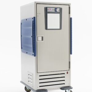 The Metro C5R9-SL C5 R-Series Refrigerated Transport Cabinet has a stainless steel design, blue handles, caster wheels, a clear door window, adjustable lip load slides, a control panel above the door, and ventilation slots near the base for optimal functionality.