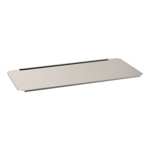 The Metro FL314 Flexline Pull Out Side Shelf is a smooth, reflective, rectangular metal shelf with rounded edges and a hinge on one side for folding or wall attachment.