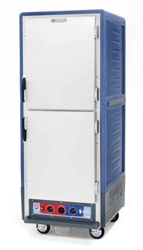 The Metro C539-CDS-U-BU C5 3 Series Cabinet is a blue food transport cart with Dutch solid doors, four wheels, and a textured exterior. It has 120V power, temperature control knobs, handle grips, and universal wire slides for easy handling.