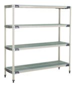 The MetroMax i X366GX3 4-Shelf Plastic Industrial Shelving Starter Unit, measuring 18 x 60 x 63, includes four adjustable grated shelves and sturdy legs with adjustable feet, making it perfect for storage or organization in various settings.