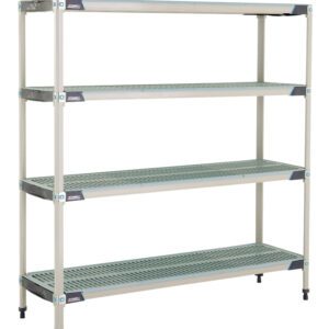The MetroMax i X366GX3 4-Shelf Plastic Industrial Shelving Starter Unit, measuring 18 x 60 x 63, includes four adjustable grated shelves and sturdy legs with adjustable feet, making it perfect for storage or organization in various settings.