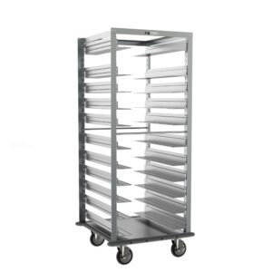 The Metro RF78NA33 Roll-In Refrigerator Adjustable Pan Rack features multiple slats for trays, gray continuous bumper, dimensions of 26.375 x 28 x 64.5, four wheels for mobility, and a sturdy metal frame on a white background.