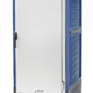 The Metro C539-CXFS-U-BU C5 3 Series Cabinet is a full-height blue cart with a solid white door and wheels, featuring universal wire slides and dual control dials. It operates on 220-240V power to keep food warm during transport.