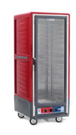 The Metro C539-MXFC-U is a full-height red insulated heated holding/proofing cabinet with transparent door, side handles, and wheels for mobility. It features universal wire slides, control knobs for temperature settings, and operates at 220-240V.