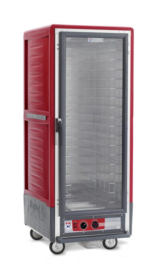 uirnpzlooptb5ztyl51hcse4mwtoub1v.jpg The Metro C539-HFC-4A C5 3 Series is a full-height red insulated holding cabinet with a clear glass door, fixed wire slides, interior shelving, and control knobs. It operates on 120V with wheels for mobility, ensuring efficient food storage and accessibility.