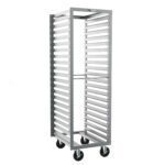 The Metro RD13NA120 End-Load Pan Rack features a tall, wheeled, metal frame with 1.5 slide spacing and dimensions of 21.25 x 26.5 x 69.75, offering easy mobility and storage in kitchens or industrial settings.