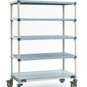 Presenting the MetroMax Q 5Q337EG3, an 18 x 36 x 80 industrial plastic shelving unit with solid bottom shelves. It has five adjustable perforated tiers on wheels, all in a sleek gray and blue design against a plain white background.