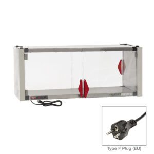 The Metro HSX1442-EKIT-EU Super Erecta Hot Enclosure Kit features a stainless steel heated shelf and measures 42.7 x 17.7 x 17.4. It includes sliding glass doors, red handles, a gray metal frame, and a black cord with a Type F EU plug for its efficient 336-400W heating capacity at 220-240V.