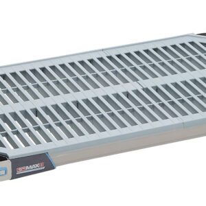 The MetroMax i MX1830G Plastic Industrial Shelf with Grid Mat, 18 x 30, features a grid-patterned gray surface for efficient drainage, plus reinforced corners and raised edges for enhanced stability.