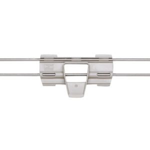 A close-up of a metallic clip with a central hinge and horizontal rods, similar to the Metro MAX4-L30-2S Stackable Shelf Ledge for MetroMax 4 Shelving. It features adjustable clamps on the ends for securing items. The clip is displayed on a plain white background.